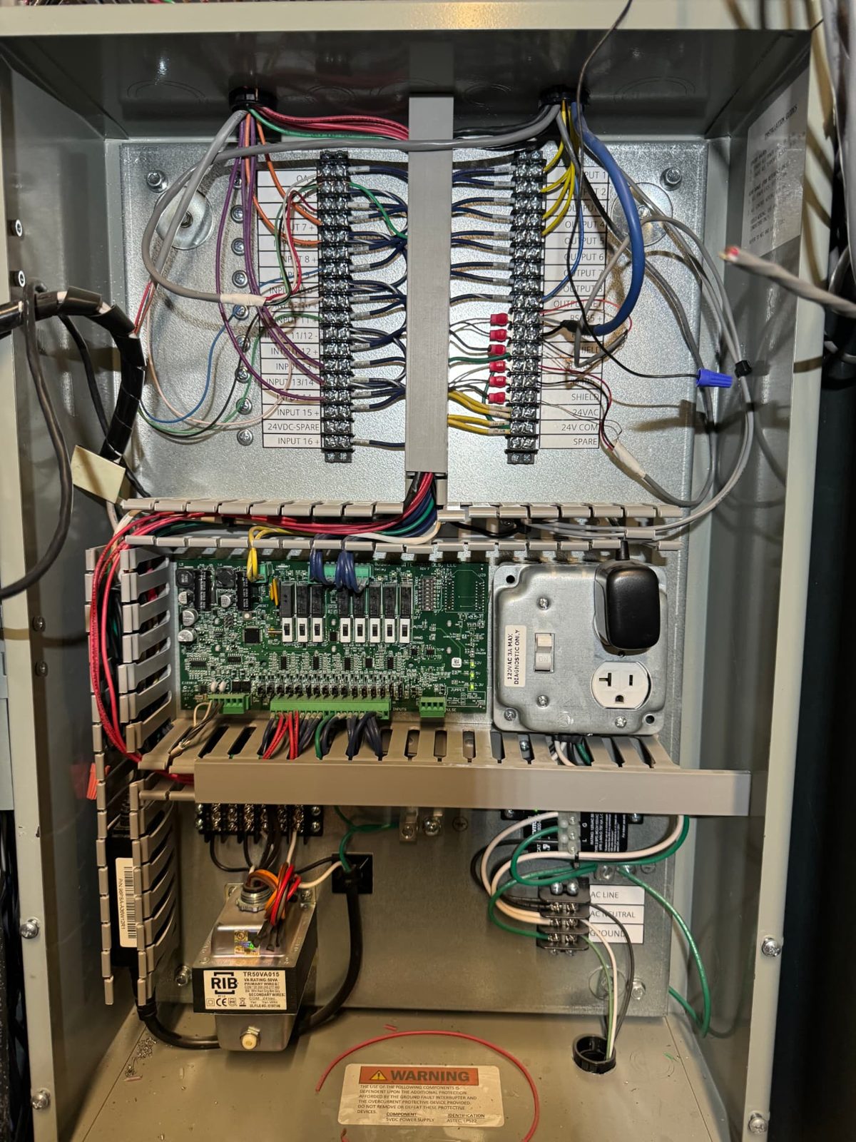 Control panel wiring with relay board and terminal strips