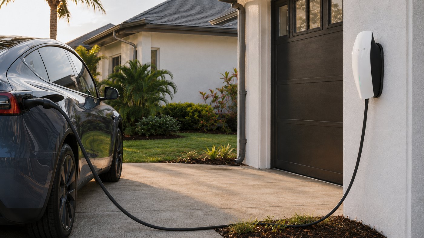 Tesla Wall Connector charging a vehicle at a Florida home